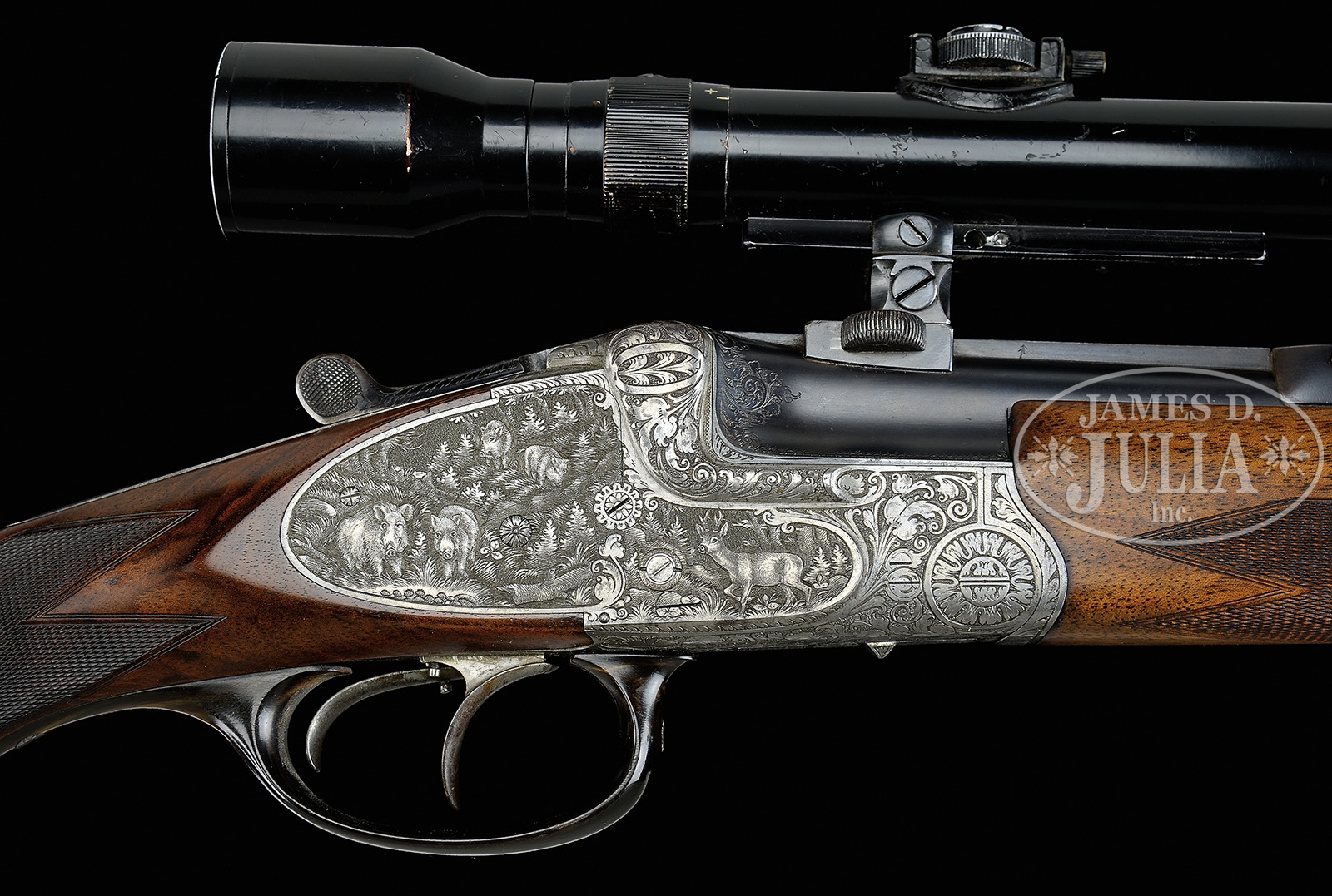 FINE E. KETTNER SIDEPLATED BOXLOCK OVER-UNDER DOUBLE RIFLE WITH SCOPE.