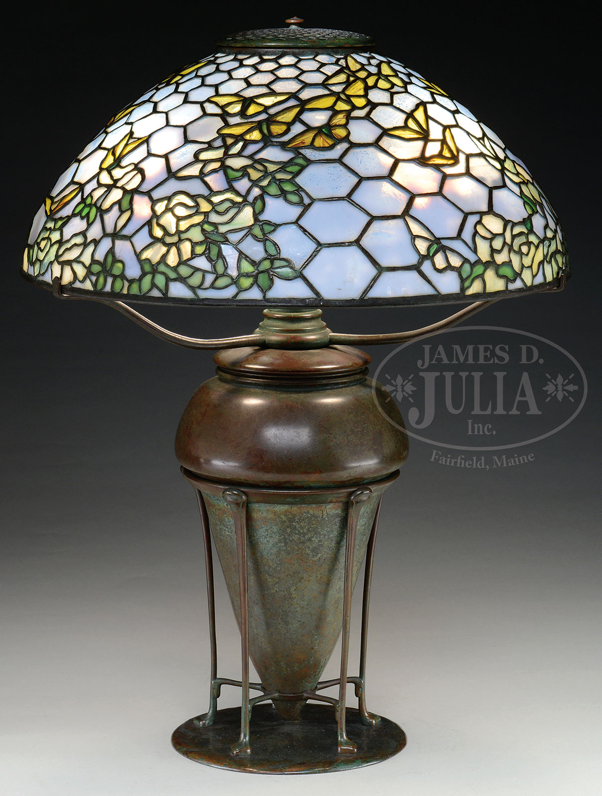 TIFFANY STUDIOS ROSE AND BUTTERFLY TABLE LAMP.